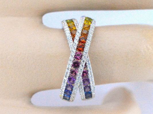 Witgouden ring met diamanten en multicolour saffieren
