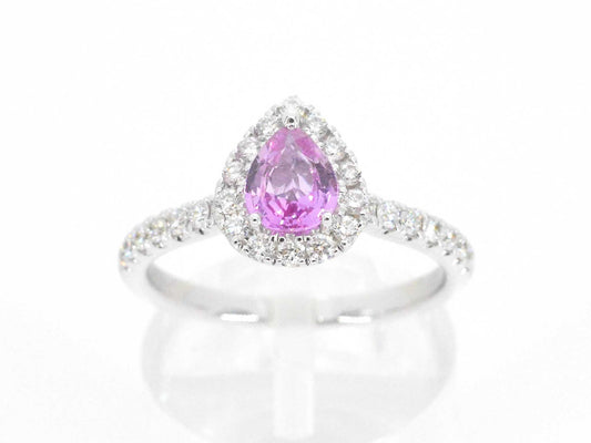 Witgouden entourage ring met een roze saffier