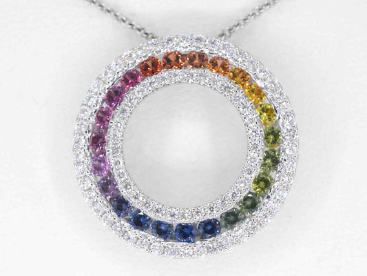 Witgouden hanger met multi colour saffieren en diamanten in een cirkel gezet