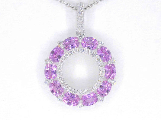 Witgouden hanger met roze saffieren en diamanten in een cirkel gezet