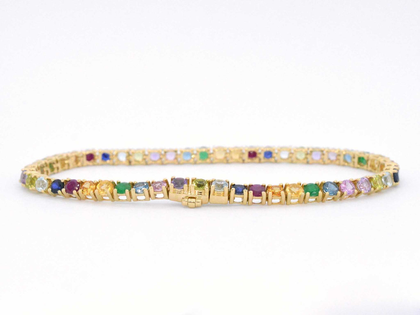Geelgouden tennisarmband met multi colour edelstenen