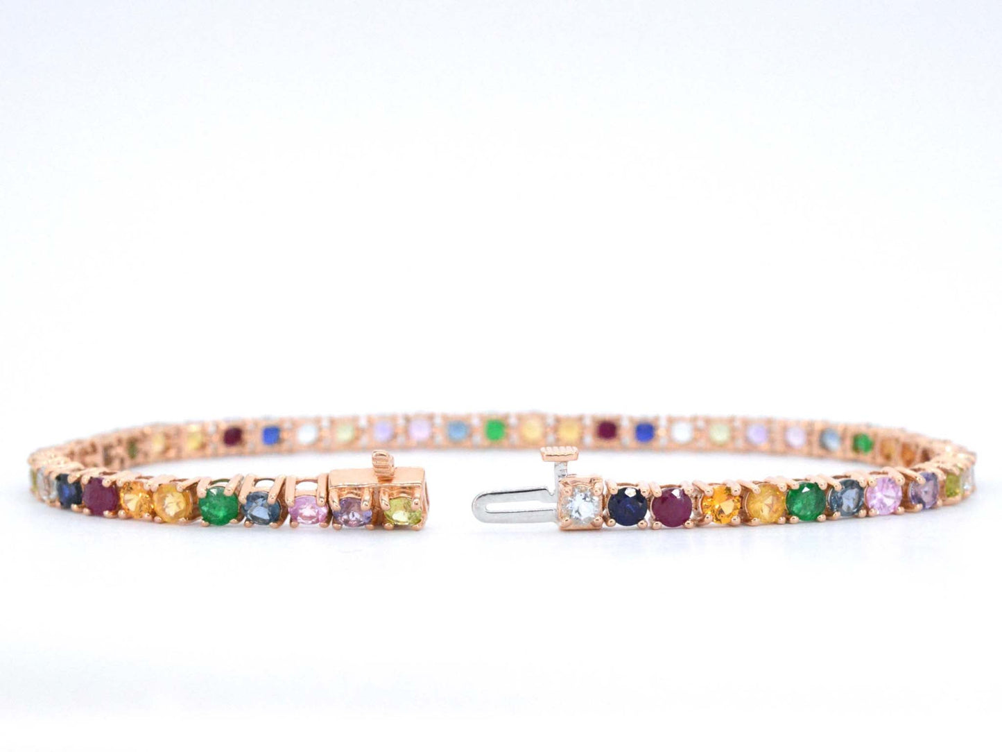 Rosegouden tennisarmband met multi colour edelstenen