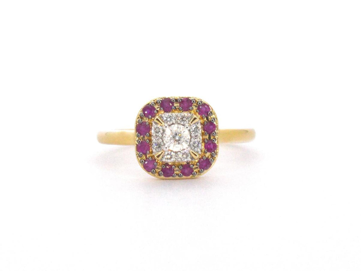 Geelgouden ring met diamanten en robijn