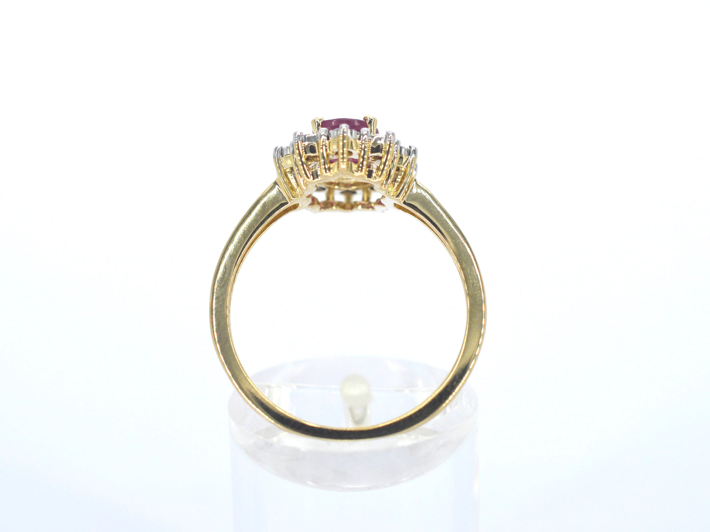 Gold entourage ring with ruby and diamonds