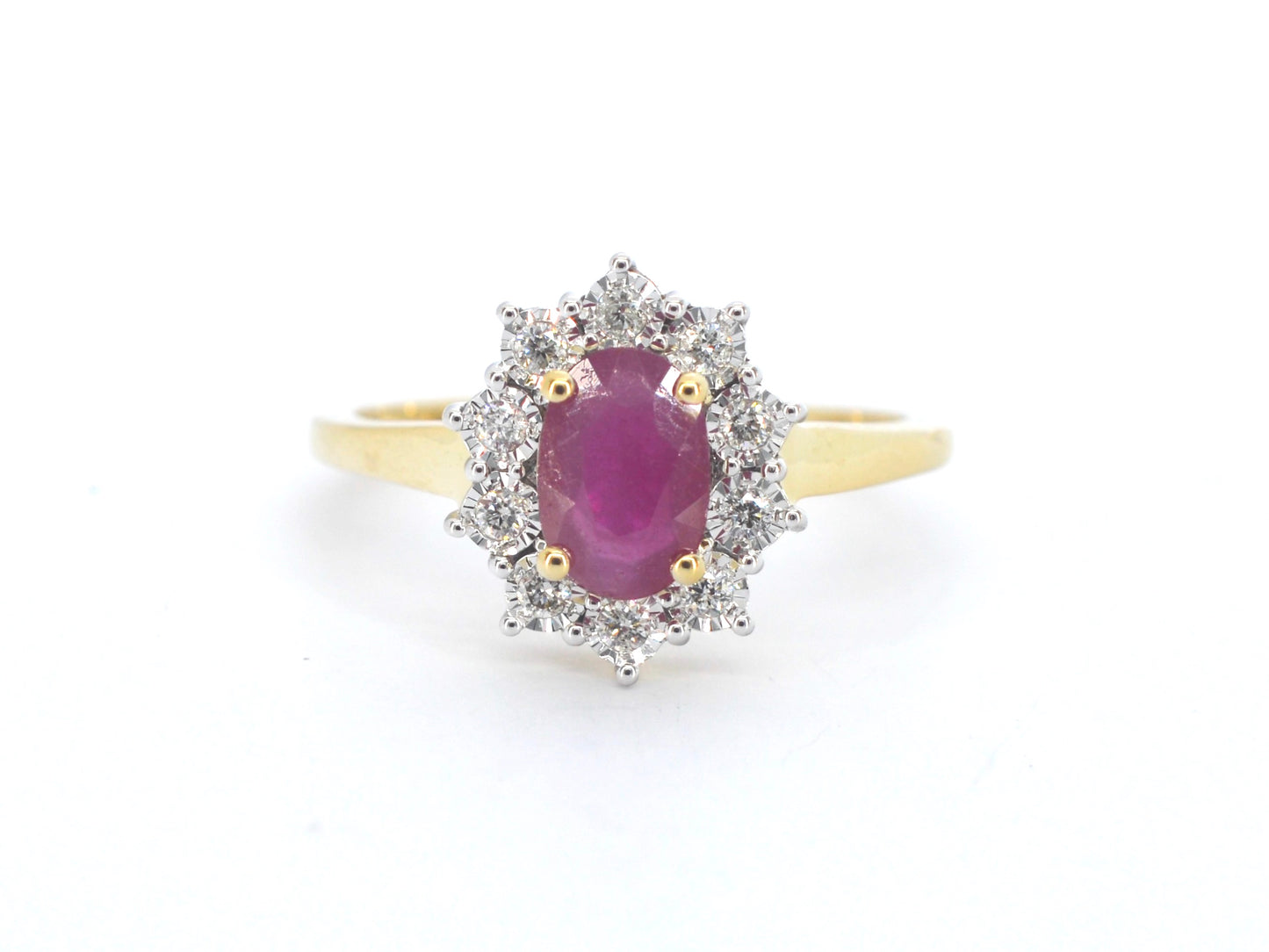 Gold entourage ring with ruby and diamonds