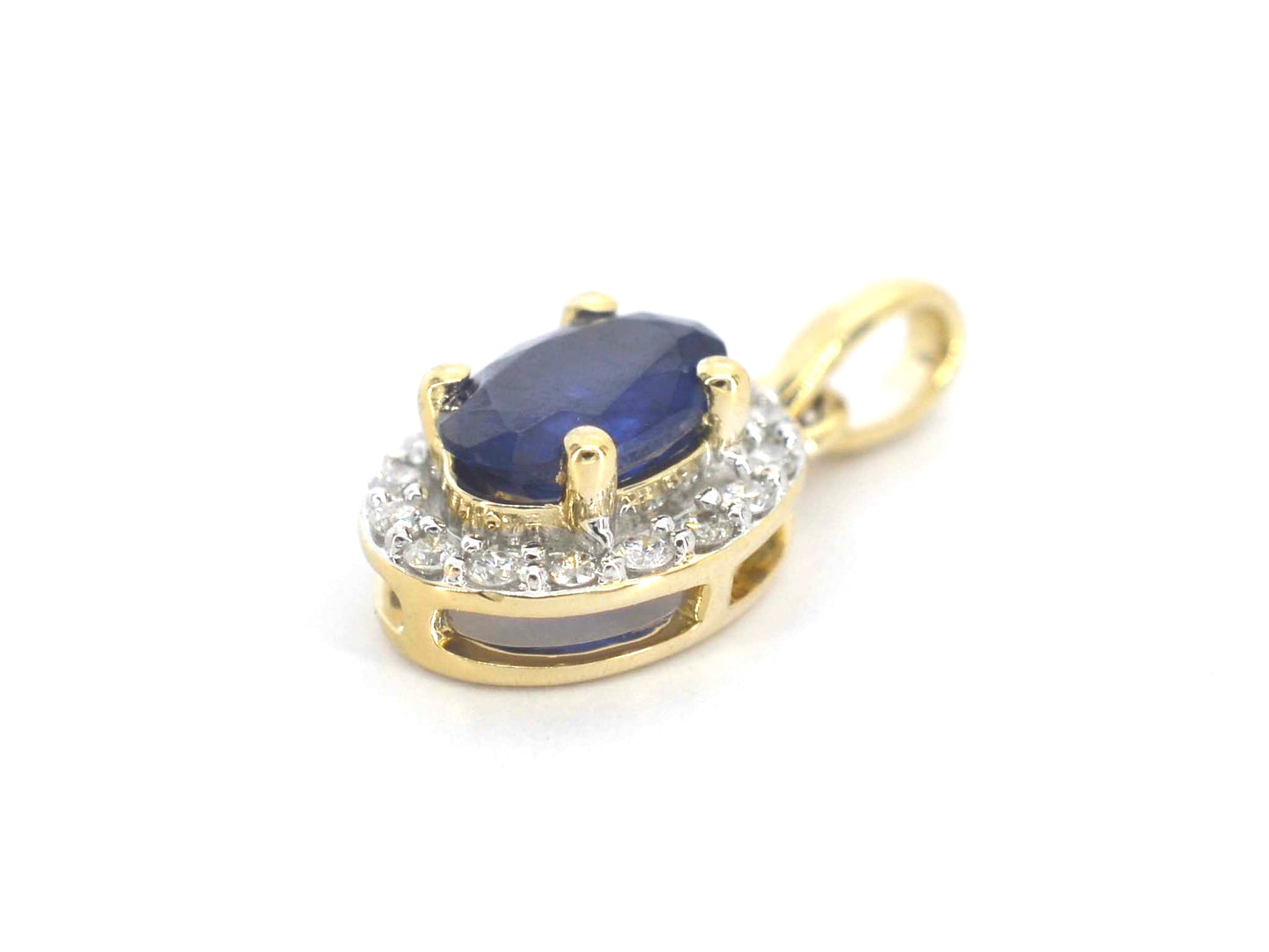 Gouden entourage hanger met diamanten en saffier