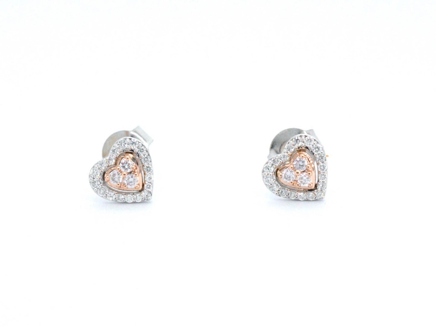 Witgouden hartvormige oorbellen met natuurlijke roze en witte diamant