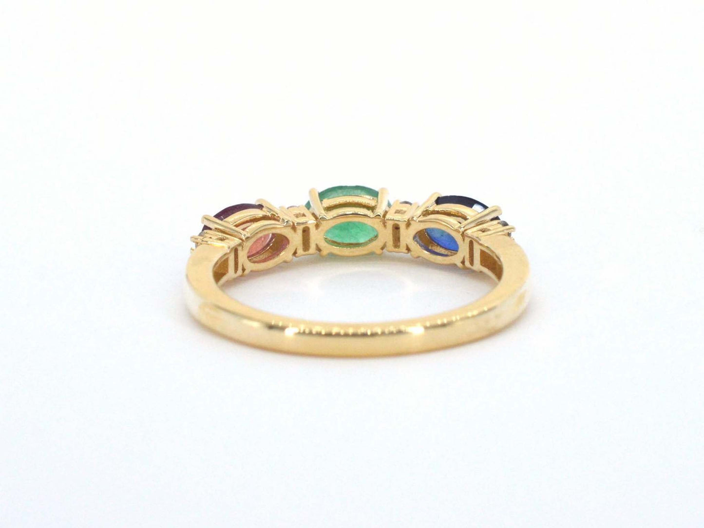 Gouden ring met diamanten en saffier, robijn, smaragd
