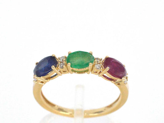Gouden ring met diamanten en saffier, robijn, smaragd