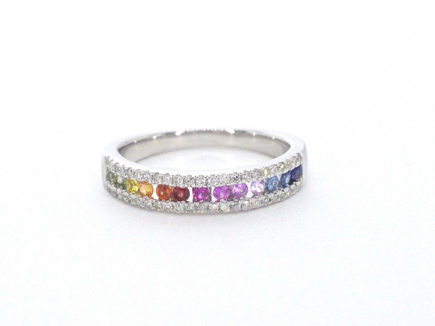 Witgouden ring met diamanten en multicolor saffieren