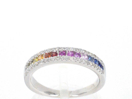 Witgouden ring met diamanten en multicolor saffieren