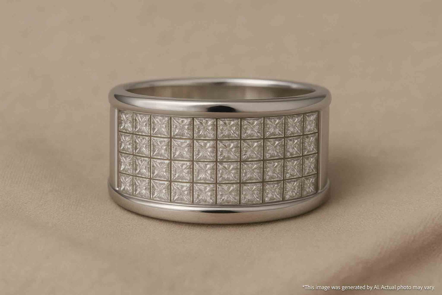 Brede gouden rijring met princess geslepen diamanten