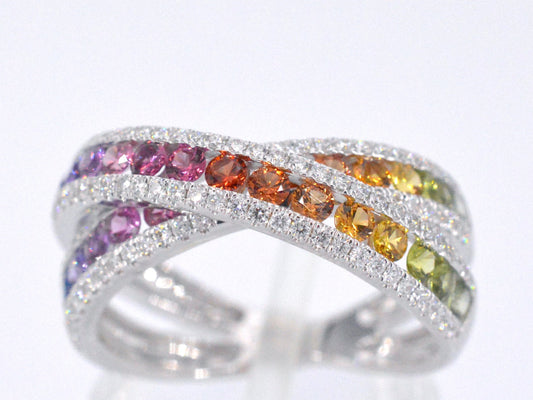 Witgouden ring met diamanten en multicolour saffieren 1071-9