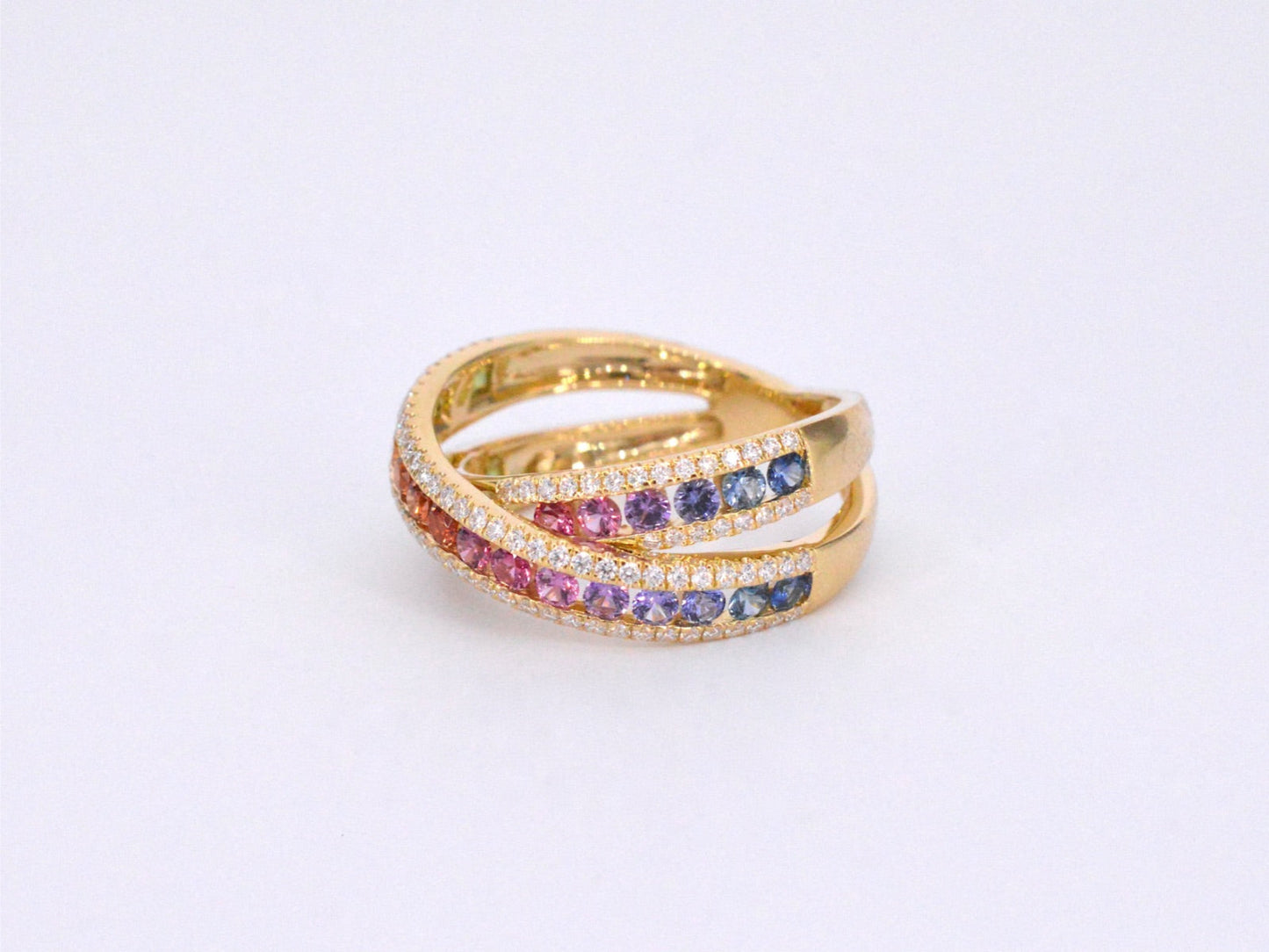 Gouden ring met diamanten en multicolour saffieren