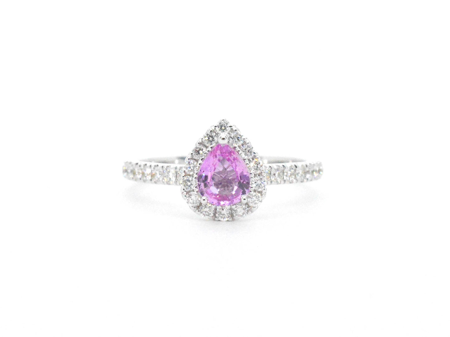 White gold entourage ring with a pink sapphire