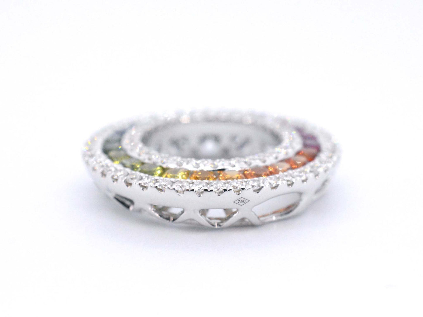 White gold pendant with multi-colored sapphires and diamonds set in a circle