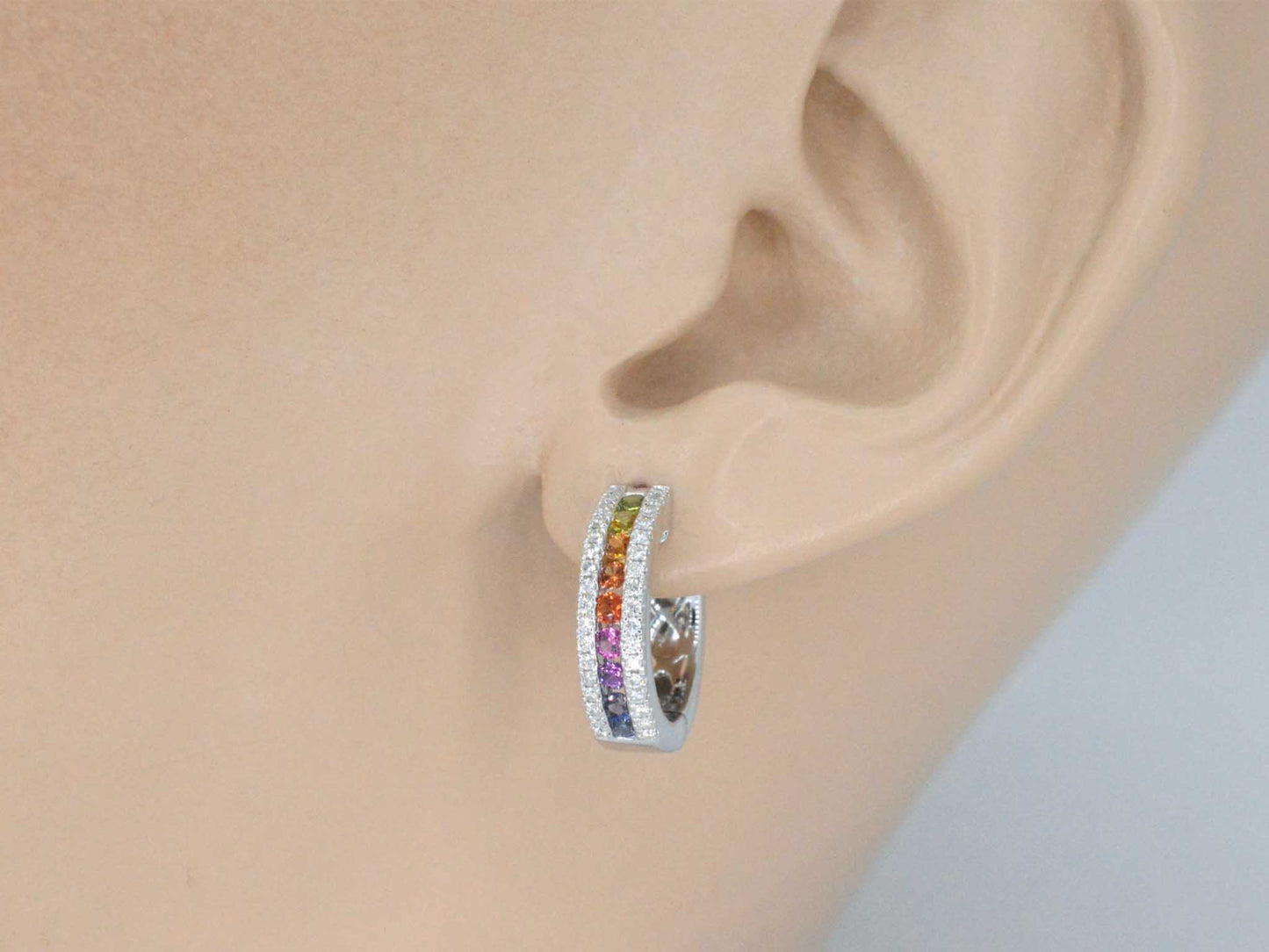White gold earrings with multi-colored sapphires and diamonds