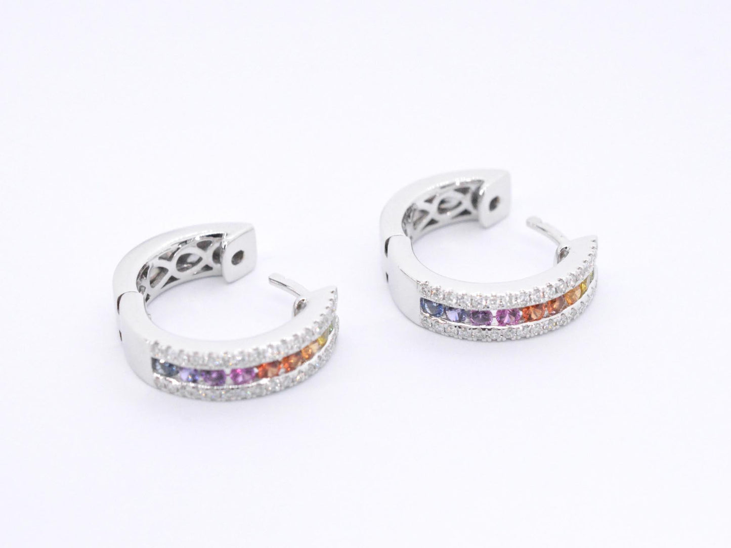 White gold earrings with multi-colored sapphires and diamonds