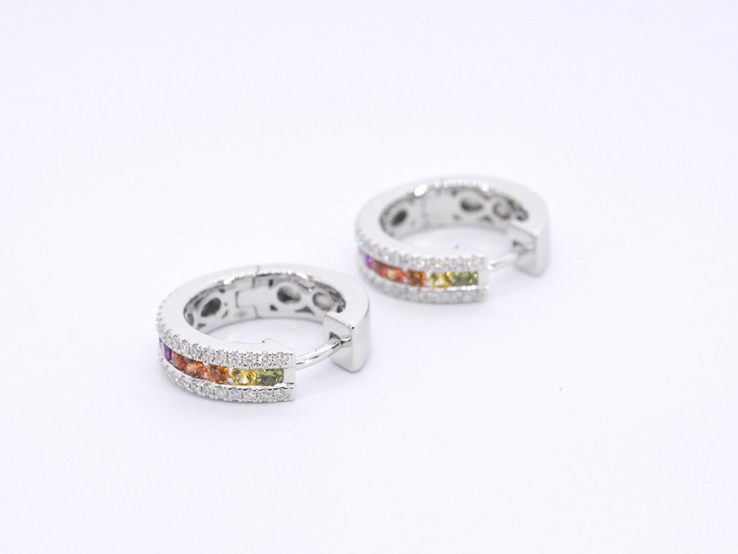 White gold earrings with multi-colored sapphires and diamonds