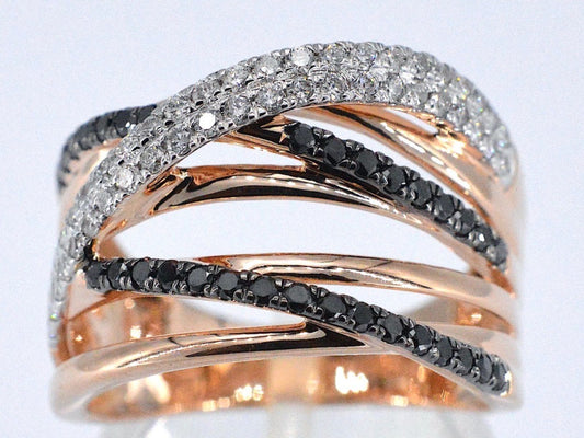 Rosegouden design ring met witte en zwarte briljanten diamanten