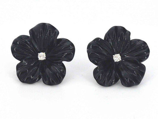 Witgouden oorbellen 0.18 carat met zwarte edele bloem en grote diamanten