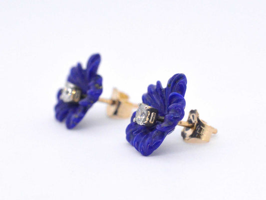 Gouden oorbellen 0.18 carat met blauwe edele bloem en grote diamanten