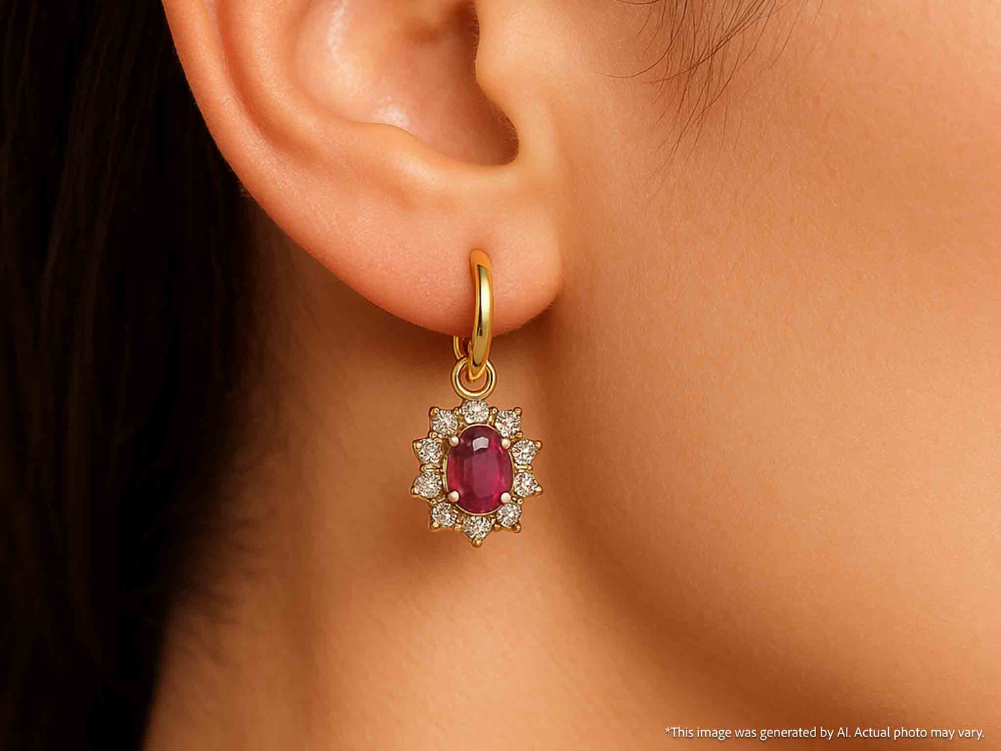 Gouden oorhangers met natuurlijke diamanten en robijnen