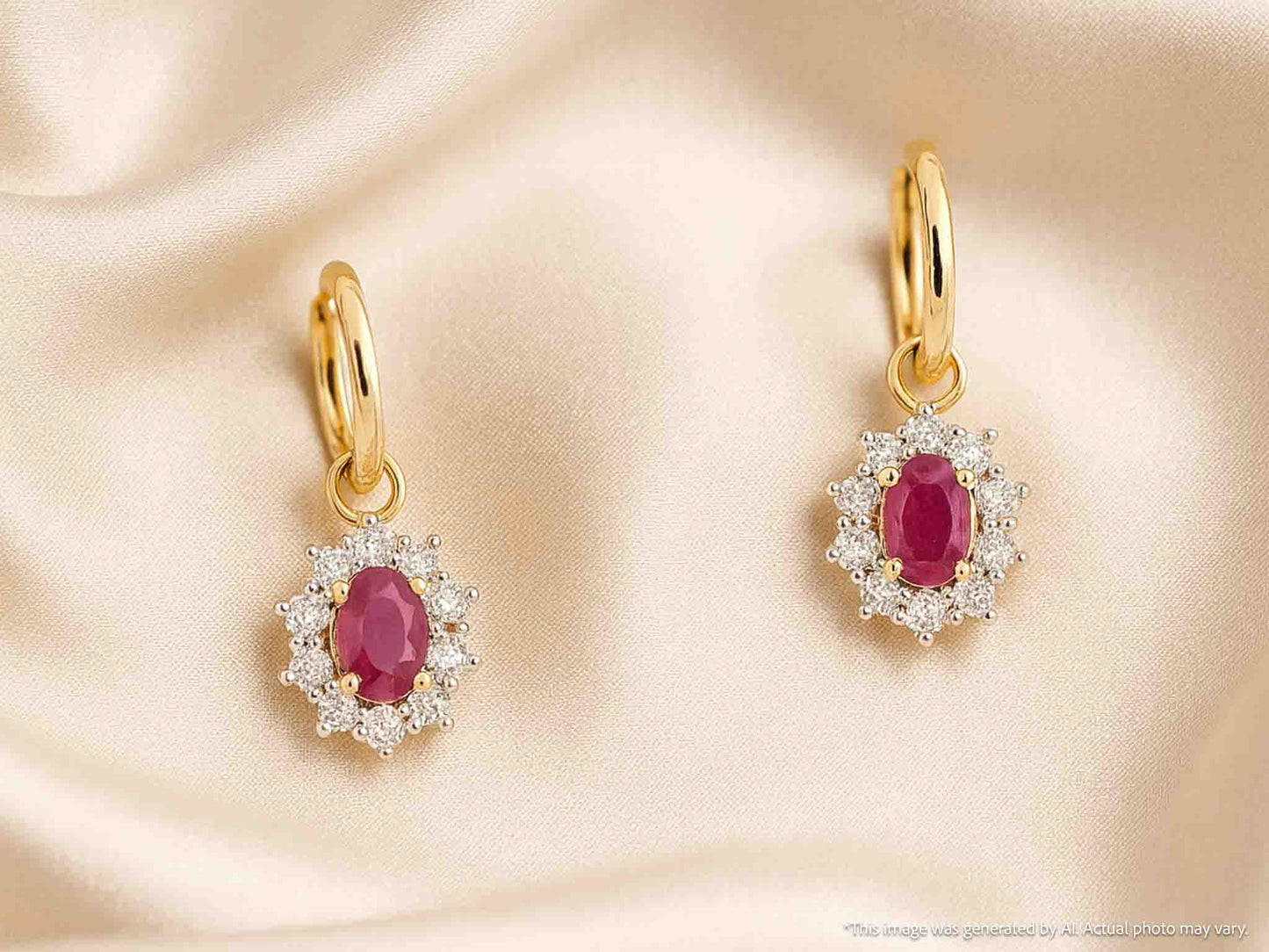 Gouden oorhangers met natuurlijke diamanten en robijnen