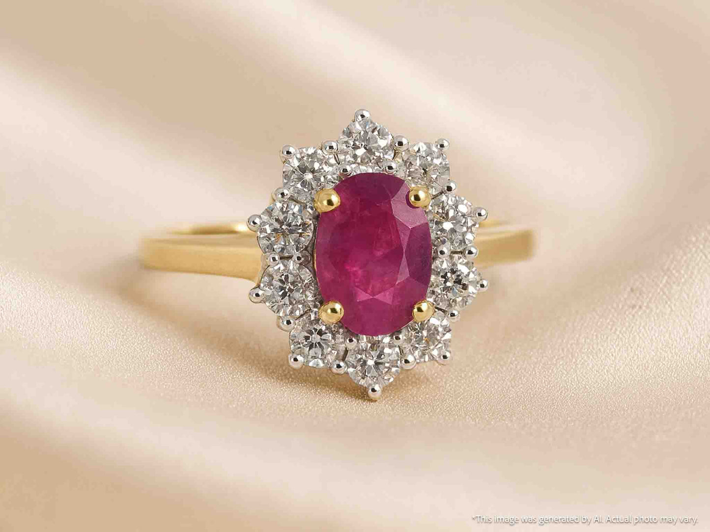 Gold entourage ring with ruby ​​and diamonds