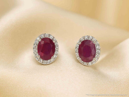 Witgouden entourage oorbellen met diamanten en robijn