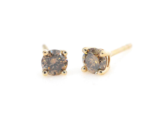 Gouden solitair oorbellen met champagne diamanten