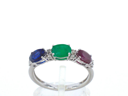 Witgouden ring met diamanten, saffier, robijn en smaragd