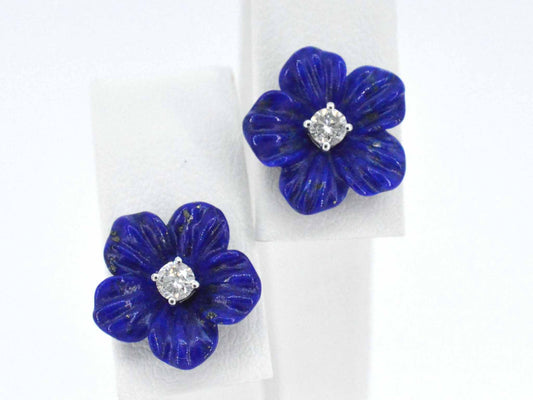 Witgouden oorbellen 0.18 carat met blauwe edele bloem en grote diamanten