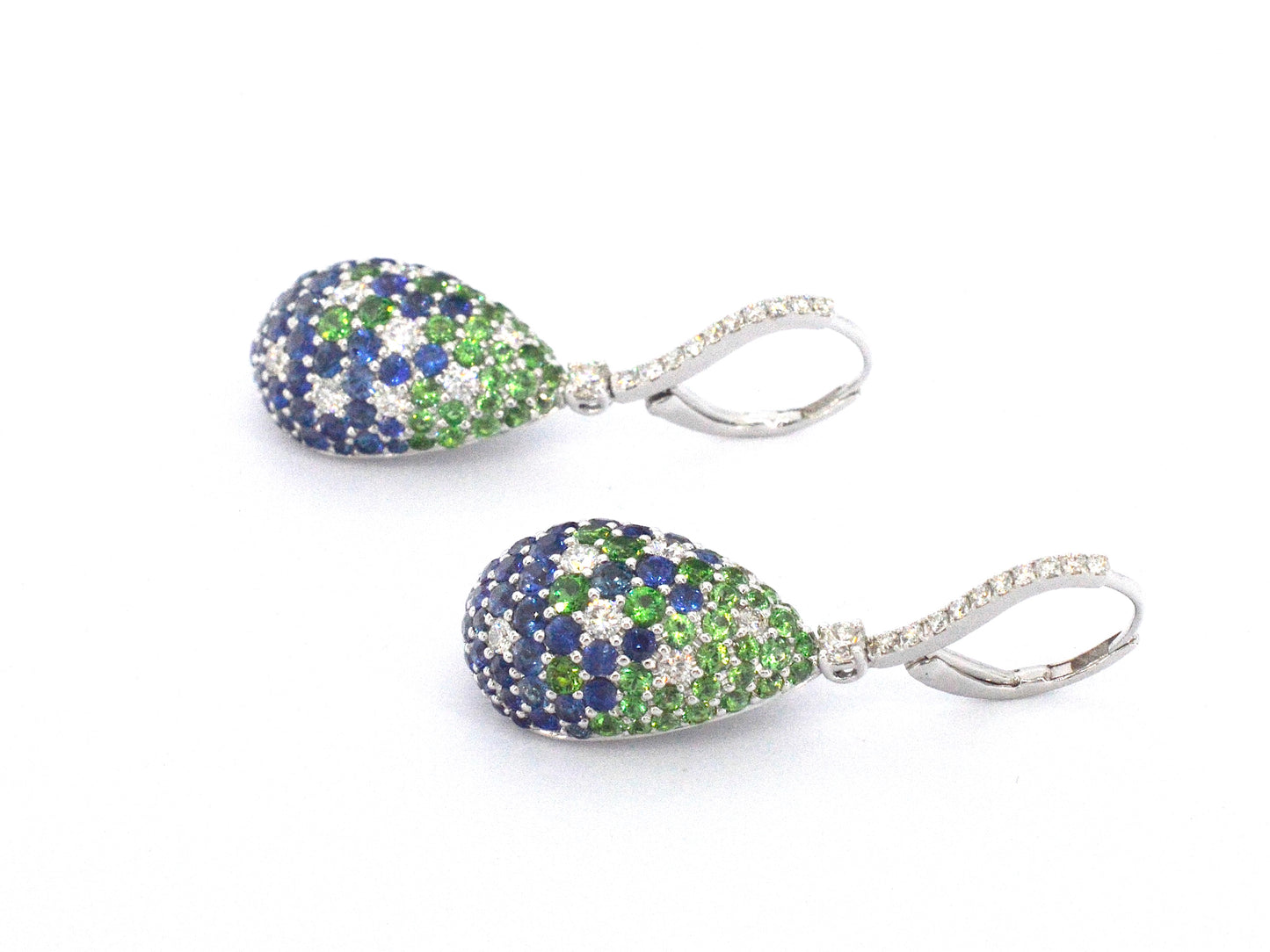 Oorhangers van 18 carats goud met diamanten van hoge kwaliteit met groene en blauwe saffieren