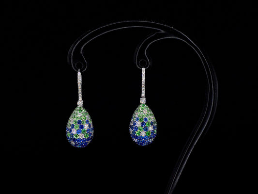 Oorhangers van 18 carats goud met diamanten van hoge kwaliteit met groene en blauwe saffieren